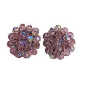 MCM 50's clip on pink cluster wire earrings cut crystal beads gold tone costume